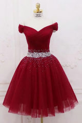 Formal Dress Gown, Cute Off The Shoulder Burgundy Homecoming Dresses With Tulle Short Cocktail Dresses