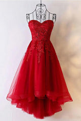 Formal Dresses On Sale, Cute Red Tulle Sweetheart Strapless Homecoming Dresses With Lace Short Prom Dresses
