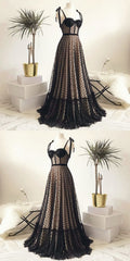 Dress Casual, Vintage Polka Dots Spaghetti Straps Black Long Prom Dress
