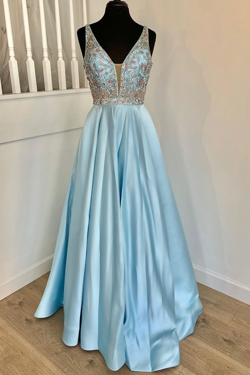 Plu Size Prom Dress, Elegant Light Blue A-line Beaded Long Prom Dress