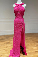 Homecoming Dresses Fashion Outfits, Cross Front Hot Pink Sequins Mermaid Long Formal Dress