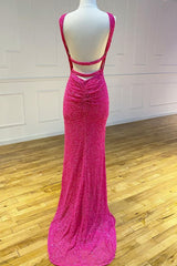Homecoming Dress Shops, Cross Front Hot Pink Sequins Mermaid Long Formal Dress