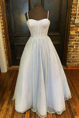 Prom Dresses Unique, Princess Light Blue A-line Straps Long Prom Gown