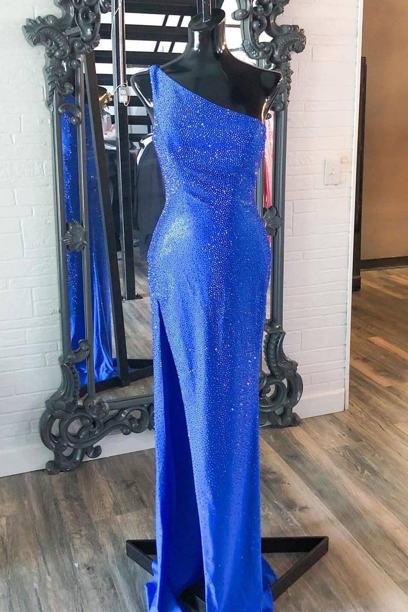 Unique Prom Dress, One Shoulder Mermaid Royal Blue Long Formal Dress