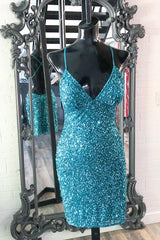 Party Dress Dresses, Turquoise Sequins Straps Bodycon Mini Party Dress