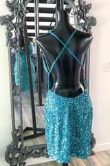 Party Dress Dress, Turquoise Sequins Straps Bodycon Mini Party Dress