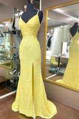 Bridesmaid Dresses Winter Wedding, Mermaid Yellow Sequins Long Prom Dress with Slit