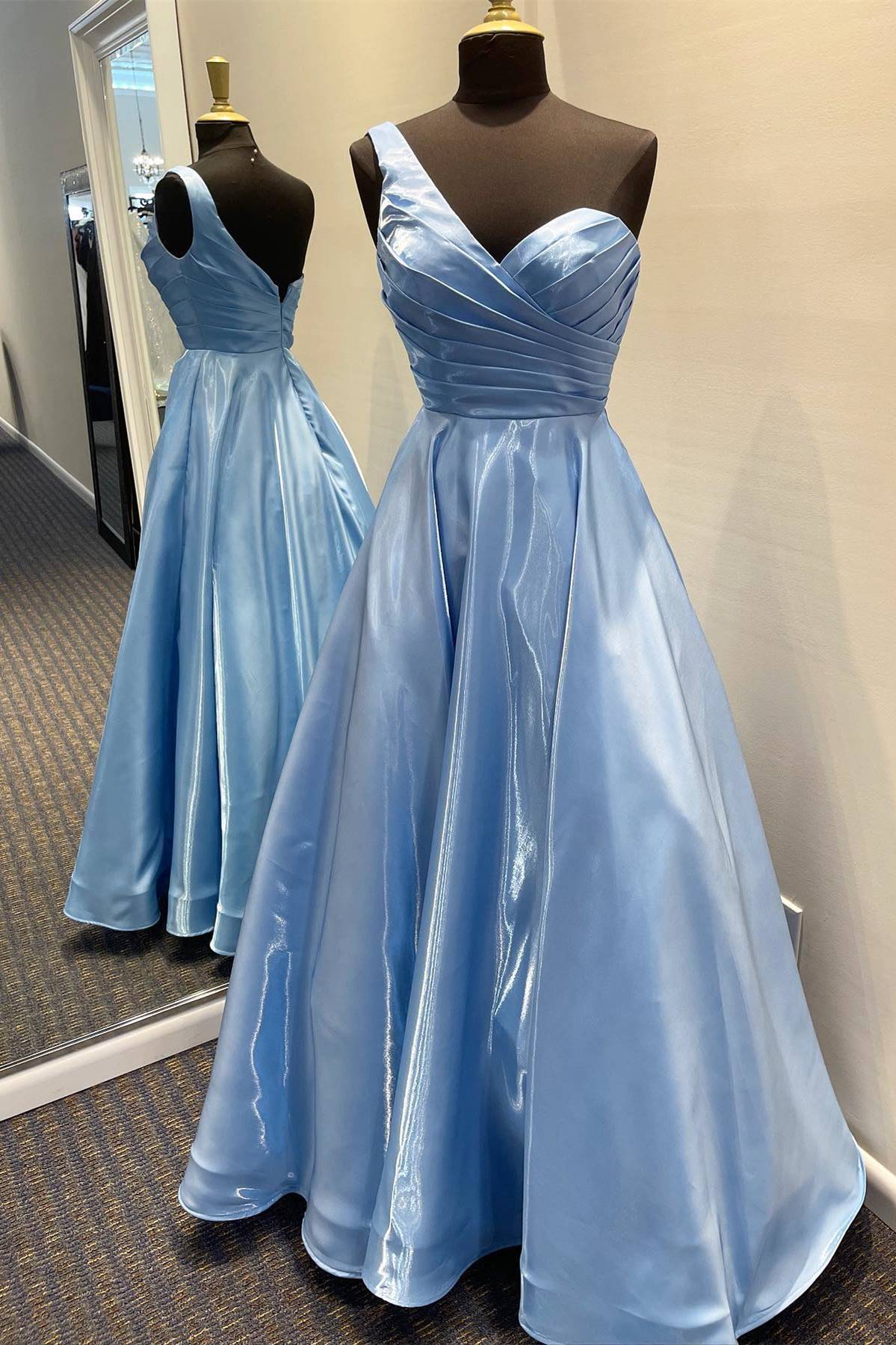 Bridesmaid Dresses Affordable, One Shoulder Blue Satin Long Formal Dress