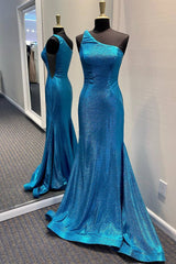 Dark Red Dress, Elegant Mermaid Blue One Shoulder Long Formal Dress