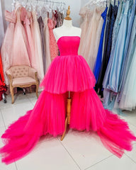 Sun Dress, High Low Hot Pink Strapless Formal Gown