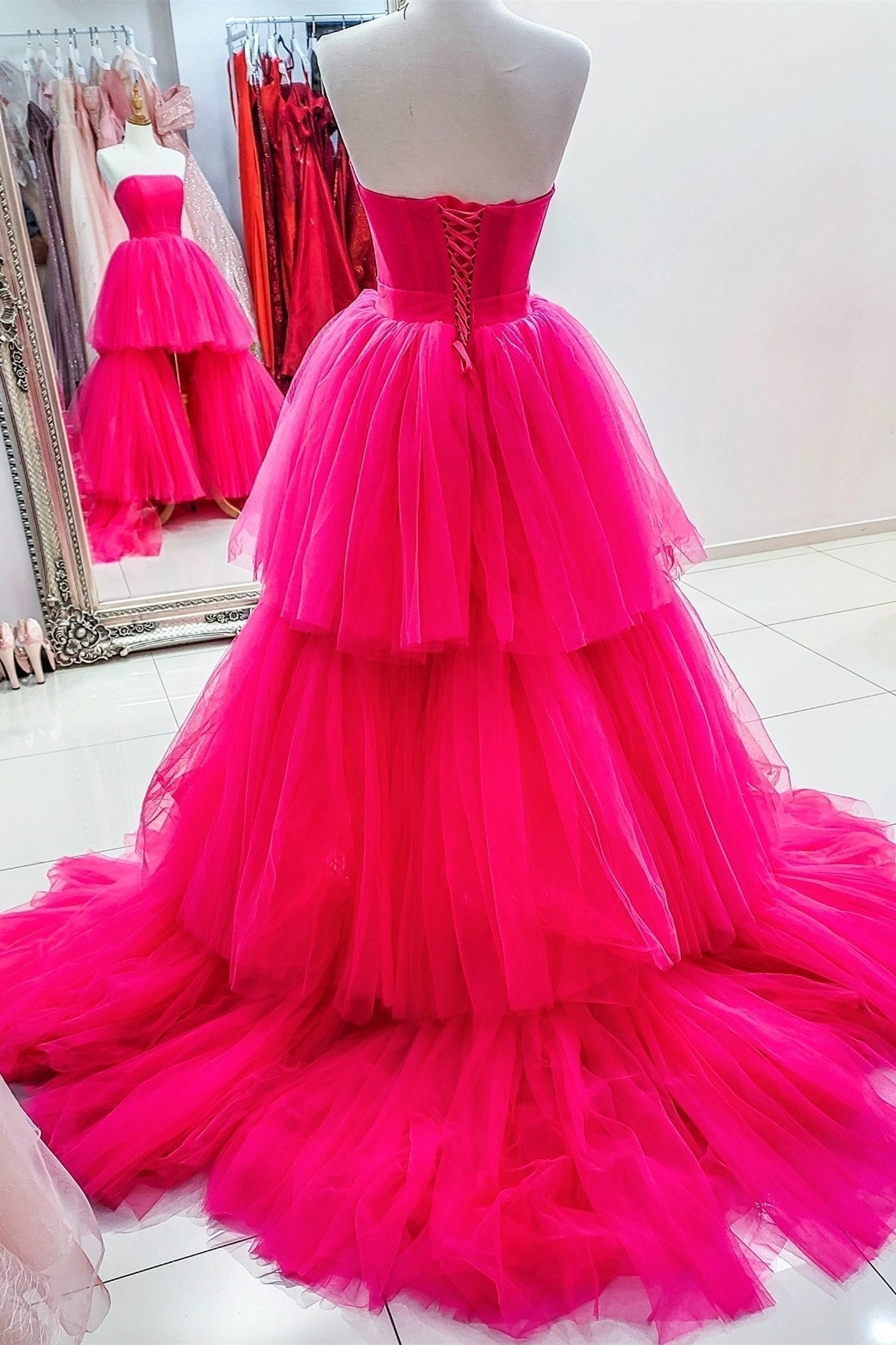Gown Dress, High Low Hot Pink Strapless Formal Gown