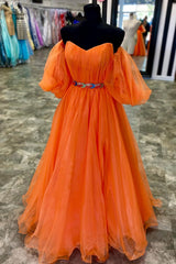 Homecoming Dress Short Tight, Puffy Sleeves Orange Long Formal Dress