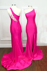 Bridesmaid Dress Formal, One Shoulder Hot Pink Mermaid Long Formal Dress