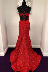 Trendy Dress Outfit, Halter Mermaid Red Sequins Long Dress