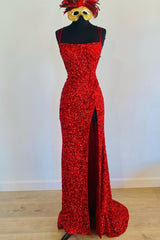 Bridesmaid Dresses Mismatched Fall, Mermaid Red Sequin Long Prom Dress with Slit
