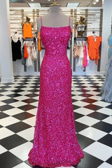 Bridesmaids Dresses Color Palettes, Neon Pink Sequin Mermaid Long Formal Dress