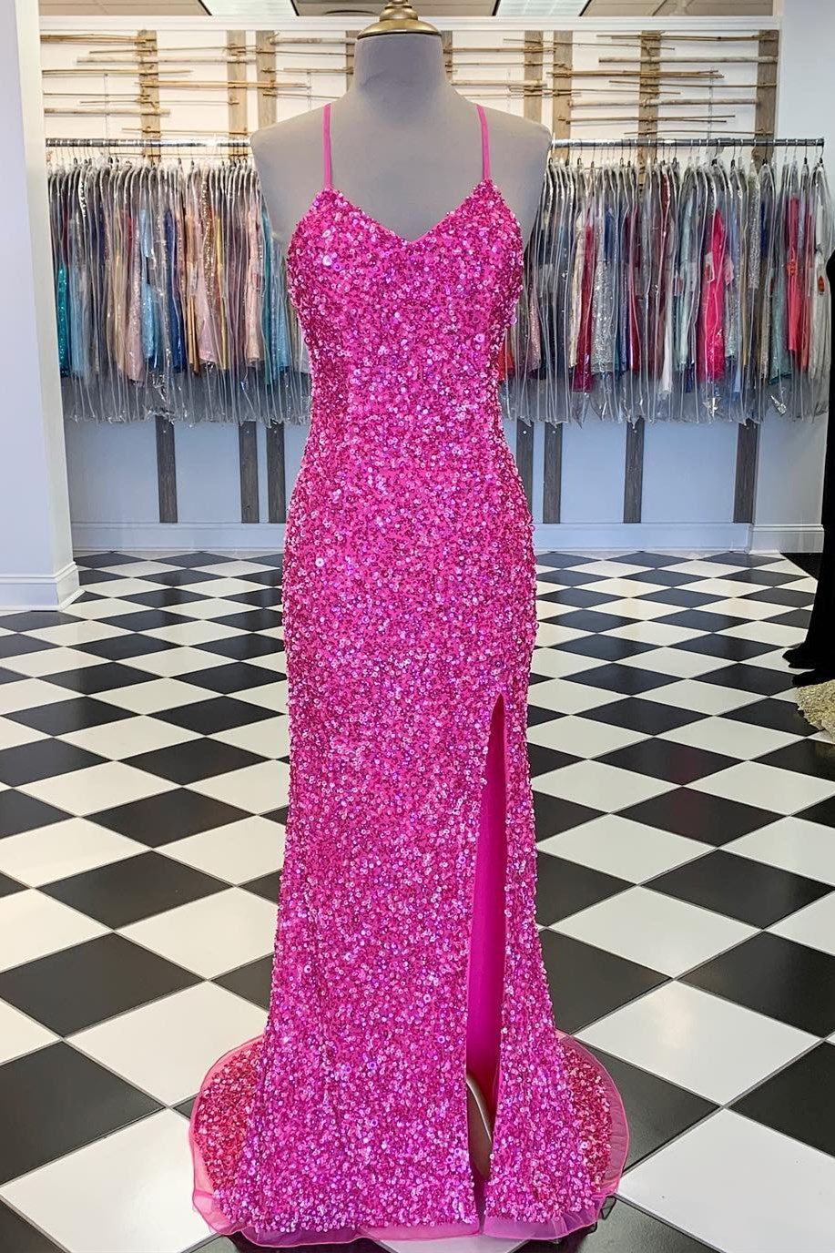 Party Dress Jeans, Spaghetti Straps Pink Sequin Mermaid Long Dress
