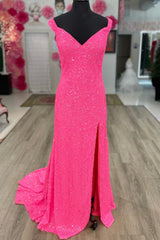 Bridesmaid Dress Designers, Modest Hot Pink Sequin Mermaid Side Slit Formal Dress