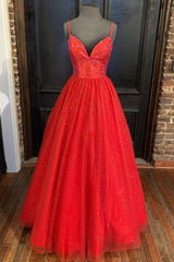 Party Dress Meaning, Sraps A-line Red Shiny Tulle Prom Gown