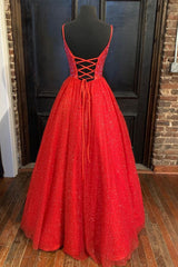 Party Dress Boho, Sraps A-line Red Shiny Tulle Prom Gown