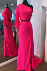 Party Dress Classy, Two Piece Neon Pink One Sleeve Formal Dress