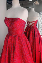 Party Dresses White, Strapless Red A-line Stunning Long Prom Gown