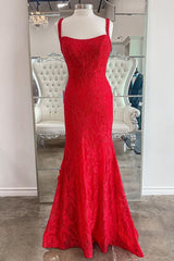 Bridesmaids Dress With Lace, Mermaid Red Lace Long Prom Dress