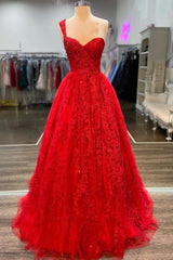 2040 Prom Dress, One Shoulder Red A-line Appliques Tulle Formal Gown