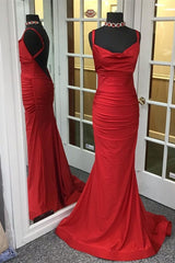 Bridesmaids Dresses With Lace, Mermaid Red Cowl Neck Long Prom Dress