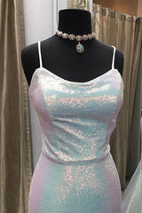 Formal Dress Summer, Shiny Spaghetti Straps Mermaid Sequin Long Prom Dress