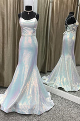 Formal Dresses With Sleeves, Shiny Spaghetti Straps Mermaid Sequin Long Prom Dress