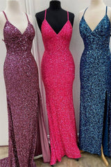 Party Dress Short Tight, Sparkle Mermaid Sequin Long Prom Dress with Slit