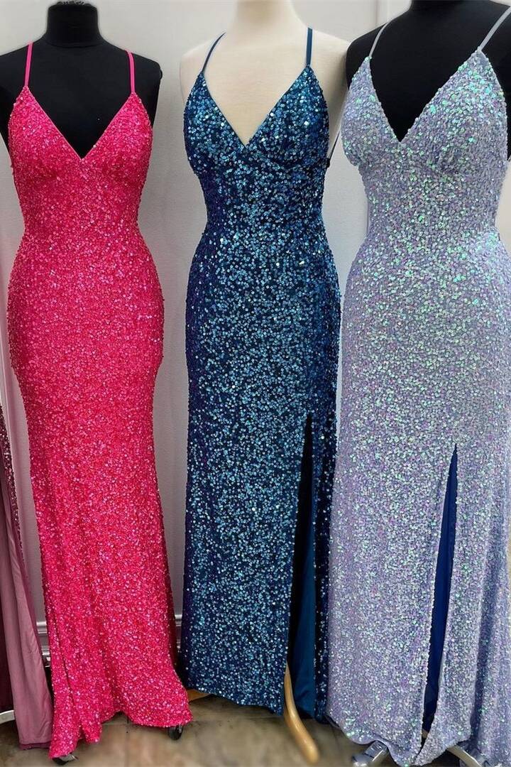 Party Dresses Short Tight, Sparkle Mermaid Sequin Long Prom Dress with Slit
