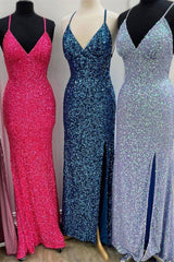 Party Dresses Short Tight, Sparkle Mermaid Sequin Long Prom Dress with Slit