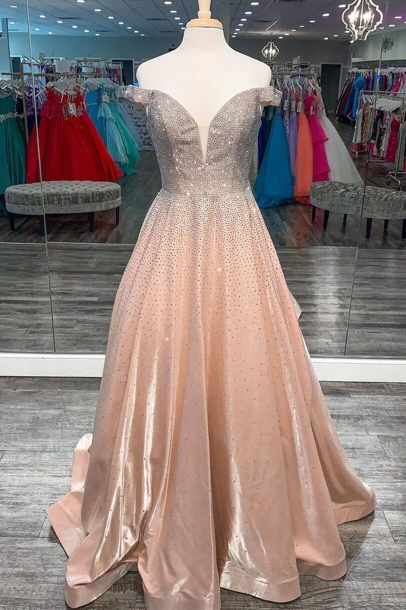 Bridesmaid Dress Under 116, Off the Shoulder Beaded Satin Long Prom Gown