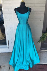 Stylish Outfit, Spaghetti Straps Beaded Teal Blue A-line Long Formal Dress