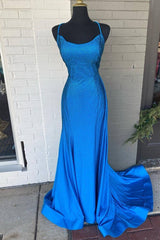 Prom Dress For Teen, Blue Beaded Mermaid Straps Long Formal Dress