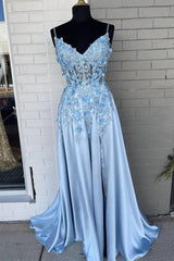 Party Dresses For Teens, Light Blue A-line 3D Flowers Satin Long Prom Dress