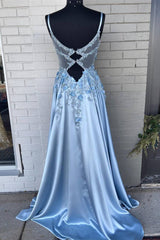 Party Dress Ideas, Light Blue A-line 3D Flowers Satin Long Prom Dress