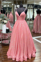Homecoming Dress With Tulle, Pink Sequin Empire A-line Long Prom Dress