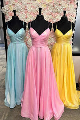 Formal, Simple A-line Pleated Spaghetti Straps Long Prom Dress