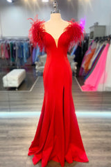 Homecoming Dresses 2037, Red Mermaid Fur Off the Shoulder Long Formal Dress