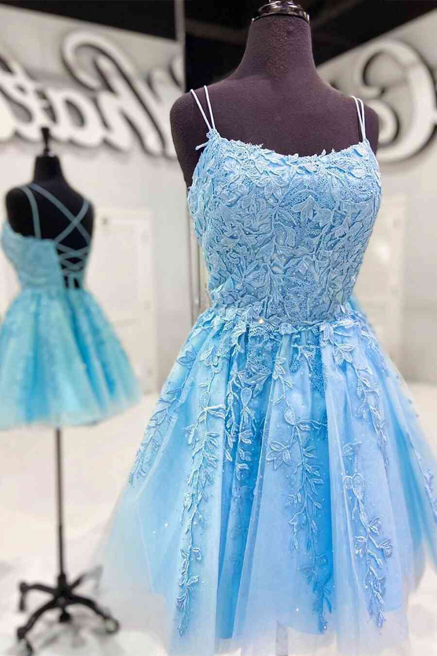 Bridesmaid Dress Gown, Blue A-line Spaghetti Straps Lace Short Prom Dresses, Homecoming Dresses