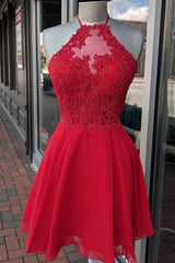 Party Dresses Shorts, Halter Red Chiffon Appliques Beading Short Homecoming Dresses
