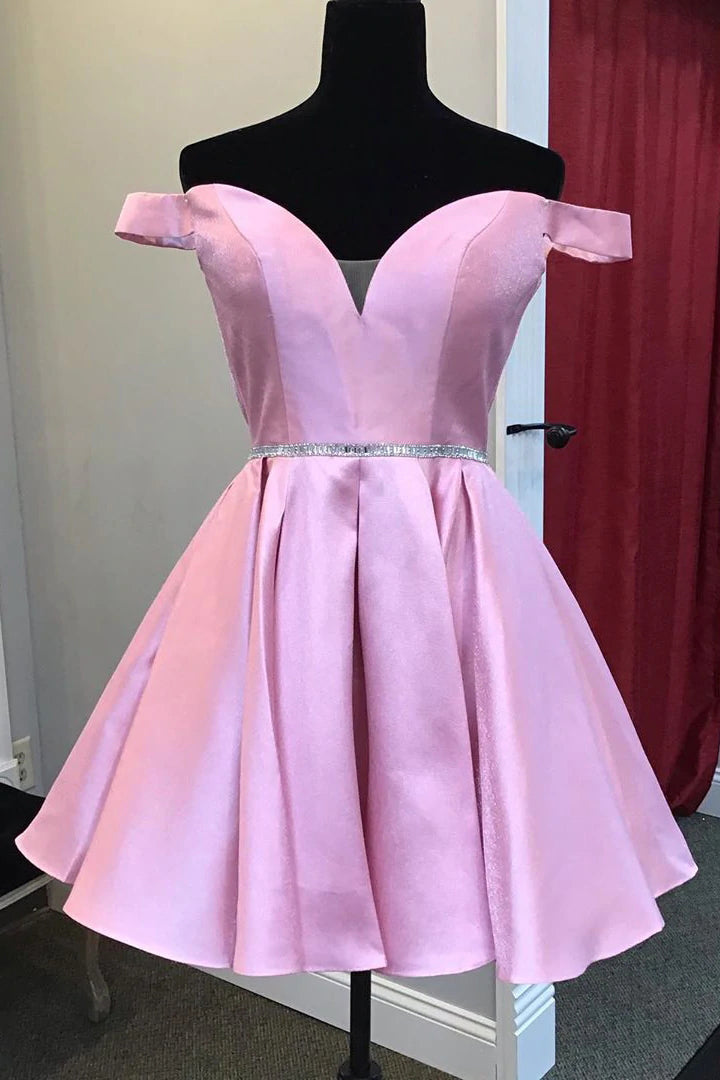 Evening Dress Ideas, A-Line Off the Shoulder Pink Homecoming Dresses With Beaded Waist