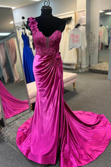 Formal Dress Places Near Me, Fuchsia One Shoulder Ruched Mermaid Long Prom Dress with 3D Flowers
