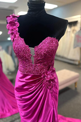 Formal Dress Cheap, Fuchsia One Shoulder Ruched Mermaid Long Prom Dress with 3D Flowers