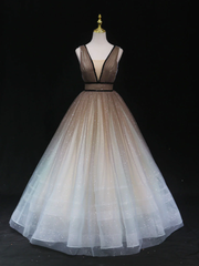 Formal Dress Classy, Glitter A-Line V Neck Tulle Long Prom Dress Tulle Long Formal Party Dress