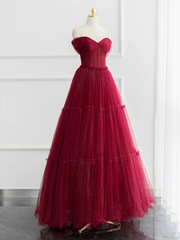 Formal Dress Long Gowns, Burgundy A-line Off Shoulder Tulle Shiny Long Prom Dress