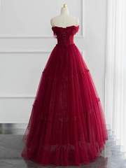 Formal Dresses Long Gowns, Burgundy A-line Off Shoulder Tulle Shiny Long Prom Dress